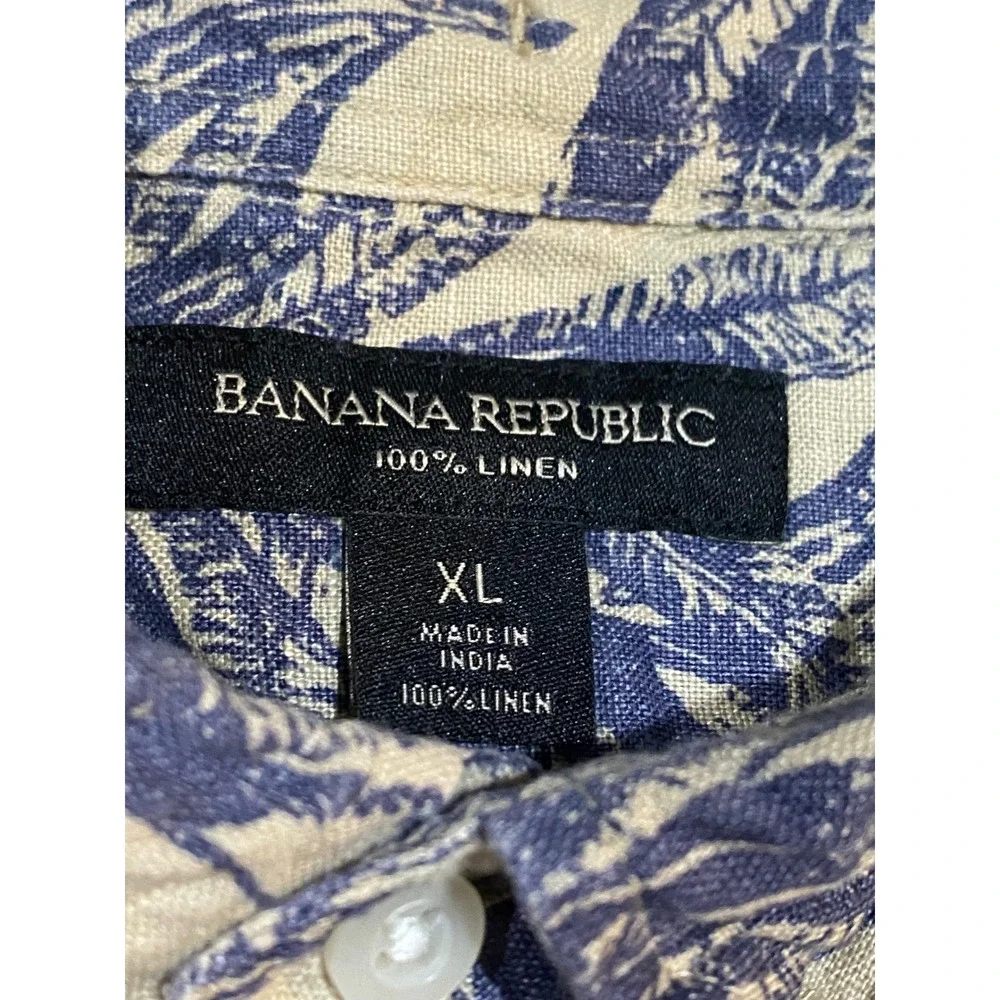 Banana Republic Mens XL 100% Linen Palm Tree Short Sleeve Button Down Shirt Blue